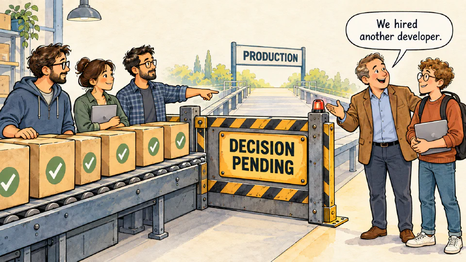 Editorial cartoon: a manager welcomes another developer while completed features pile up behind a closed barrier labeled Decision Pending on the way to production.