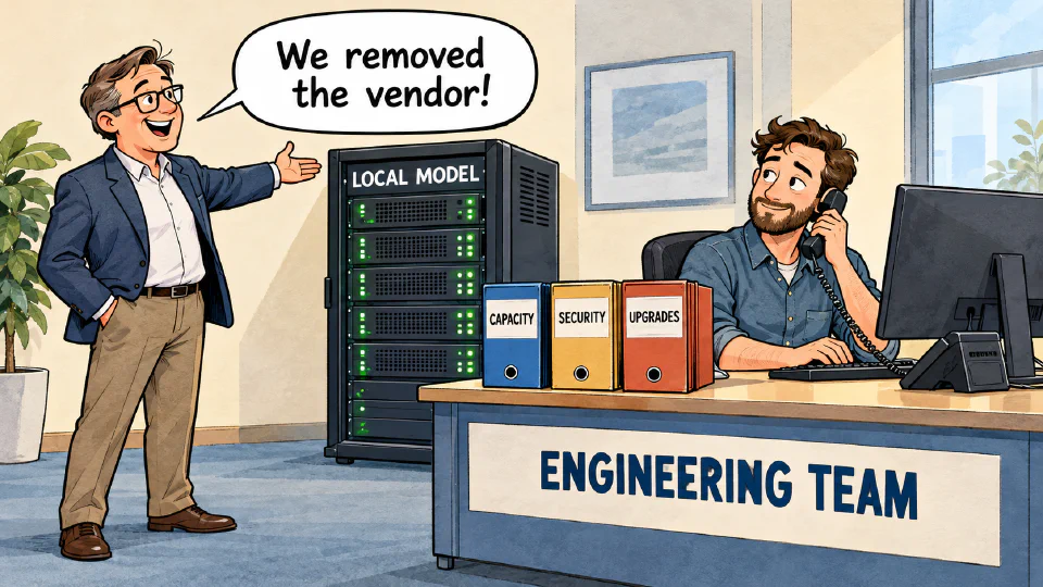 Cartoon of an engineer answering a support phone beside a local model server, with capacity, security, and upgrade folders on the desk, while a manager says, We removed the vendor!